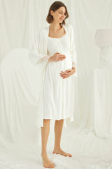 Lace Maternity & Nursing Nightgown with Robe Set – Ecru, Comfortable Breastfeeding & Postpartum Nightwear