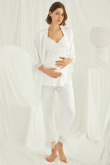 Lace Strappy 3-Piece Maternity & Nursing Pajama Set with Robe – Soft Organic Cotton Blend Nightwear