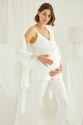 Lace Strappy 3-Piece Maternity & Nursing Pajama Set with Robe – Soft Organic Cotton Blend Nightwear