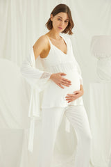Lace Strappy 3-Piece Maternity & Nursing Pajama Set with Robe – Soft Organic Cotton Blend Nightwear