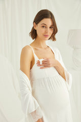 Lace Strappy 3-Piece Maternity & Nursing Pajama Set with Robe – Soft Organic Cotton Blend Nightwear