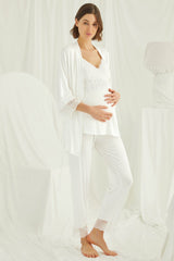 Lace Strappy 3-Piece Maternity & Nursing Pajama Set with Robe – Soft Organic Cotton Blend Nightwear