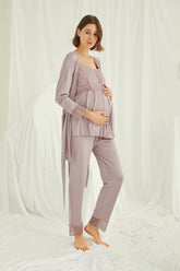 Organic 3-Piece Maternity & Nursing Pajama Set with Robe – Comfortable Pregnancy & Postpartum Nightwear