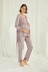 Organic 3-Piece Maternity & Nursing Pajama Set with Robe – Comfortable Pregnancy & Postpartum Nightwear