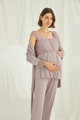 Organic 3-Piece Maternity & Nursing Pajama Set with Robe – Comfortable Pregnancy & Postpartum Nightwear