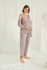 Organic 3-Piece Maternity & Nursing Pajama Set with Robe – Comfortable Pregnancy & Postpartum Nightwear