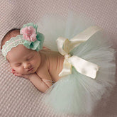 Newborn Puffy Skirt Set – Light Green Princess Outfit with Bow & Hairband for Baby Photoshoots