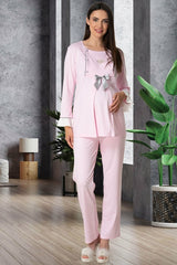 Heart Pink 3-Piece Maternity & Nursing Pajama Set – Comfortable Breastfeeding & Postpartum Nightwear”