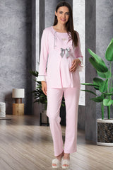 Heart Pink 3-Piece Maternity & Nursing Pajama Set – Comfortable Breastfeeding & Postpartum Nightwear”