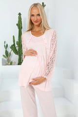 Elegance Lace Sleeves 3-Piece Maternity & Nursing Pajama Set – Comfortable Breastfeeding & Postpartum Nightwear