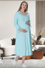 Lace Sleeves Maternity & Nursing Nightgown – Turquoise, Comfortable Breastfeeding & Postpartum Nightwear