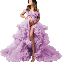Tulle Overlay Maternity Photoshoot Dress – Elegant Deep V Pregnancy Gown (S–6XL)