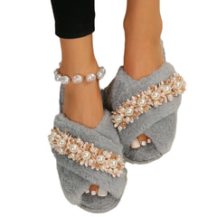 Fluffy Cross Fur Pearl Slippers with Floral Design – Cozy Plus Size Home & Hospital Bag Essential
