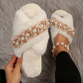 Fluffy Cross Fur Pearl Slippers with Floral Design – Cozy Plus Size Home & Hospital Bag Essential