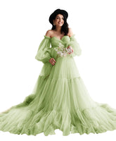 Puffy Tulle Maternity Photoshoot Robe – Sheer Off-Shoulder Pregnancy Gown with Long Train (Sage, 3XL)