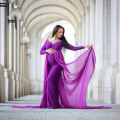 Maternity Photography Gown with Long Train and Cape – Elegant Chiffon Dress (S–XL)