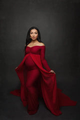 Maternity Photography Gown with Long Train and Cape – Elegant Chiffon Dress (S–XL)