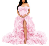 Plus Size Puffy Tulle Maternity Photoshoot Gown – Off-Shoulder Formal Baby Shower Dress (Pink, 4XL)