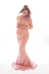 Lace Tulle Maternity Dress with Off-Shoulder Design – Elegant Pregnancy Gown (S–3XL)Lace Maternity Dress with Off-Shoulder Design