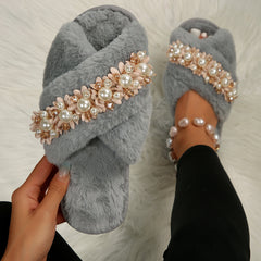 Fluffy Cross Fur Pearl Slippers with Floral Design – Cozy Plus Size Home & Hospital Bag Essential