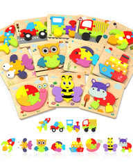 12-Pack Montessori Wooden Vehicle & Animal Puzzles for Toddlers 1-3 – Cognitive & Educational Learning Toys for Boys and Girls