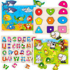 Wooden Peg Puzzles for Toddlers – 4-Pack Montessori Learning Toys with Alphabet, Shapes, and Animals for Ages 1-4
