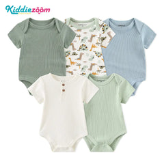 5-Piece Cotton Baby Romper Set with Breathable Ribbed Design – Essential Newborn Clothes & Hospital Bag Outfit