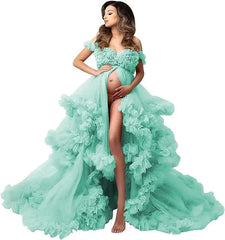 Tulle Overlay Maternity Photoshoot Dress – Elegant Deep V Pregnancy Gown (S–6XL)