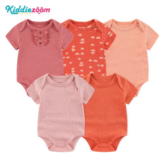 5-Piece Cotton Baby Romper Set with Breathable Ribbed Design – Essential Newborn Clothes & Hospital Bag Outfit