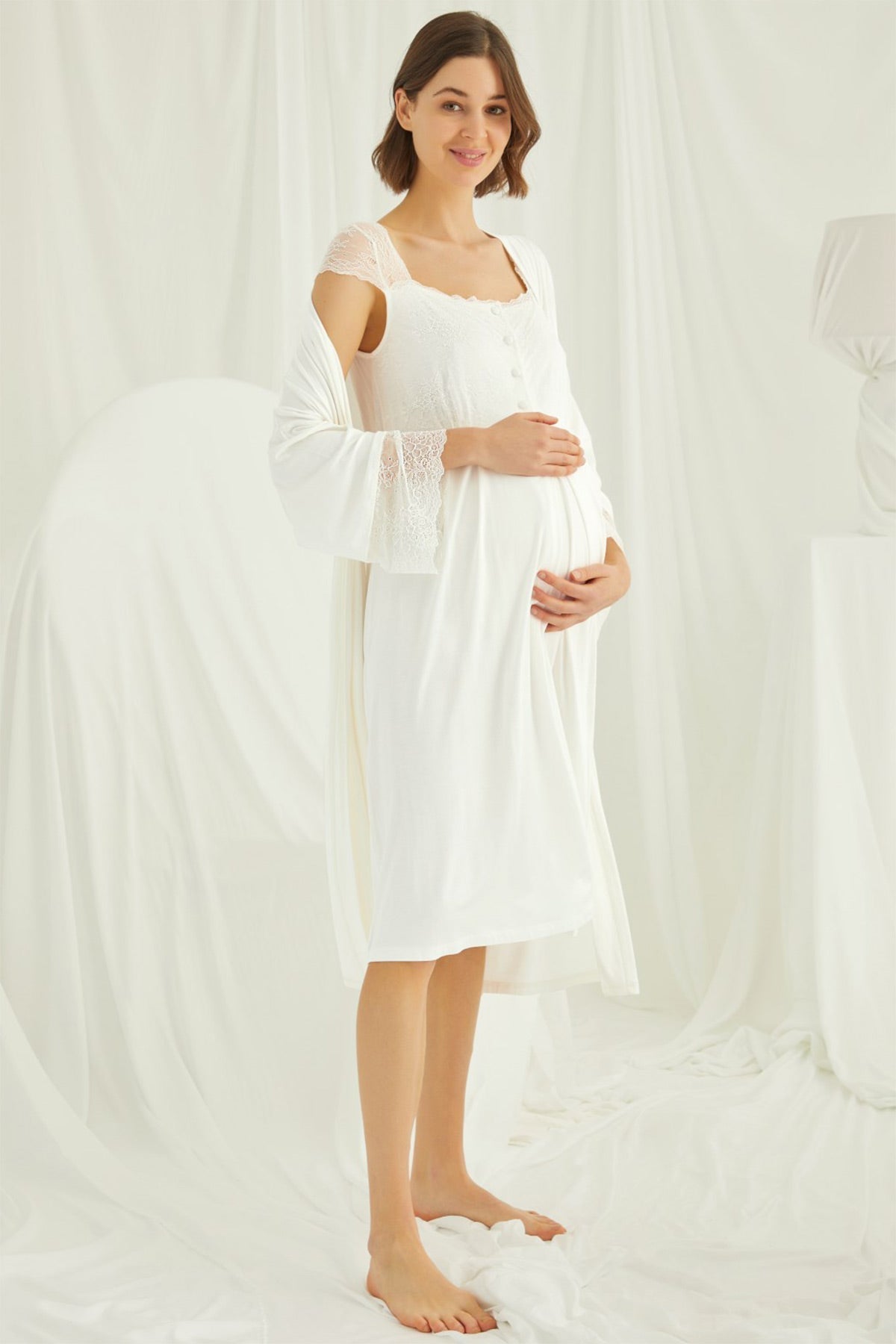 Lace Maternity & Nursing Nightgown with Robe Set – Ecru, Comfortable Breastfeeding & Postpartum Nightwear