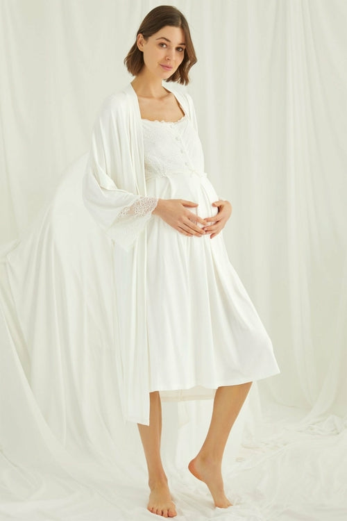Lace Maternity & Nursing Nightgown with Robe Set – Ecru, Comfortable Breastfeeding & Postpartum Nightwear