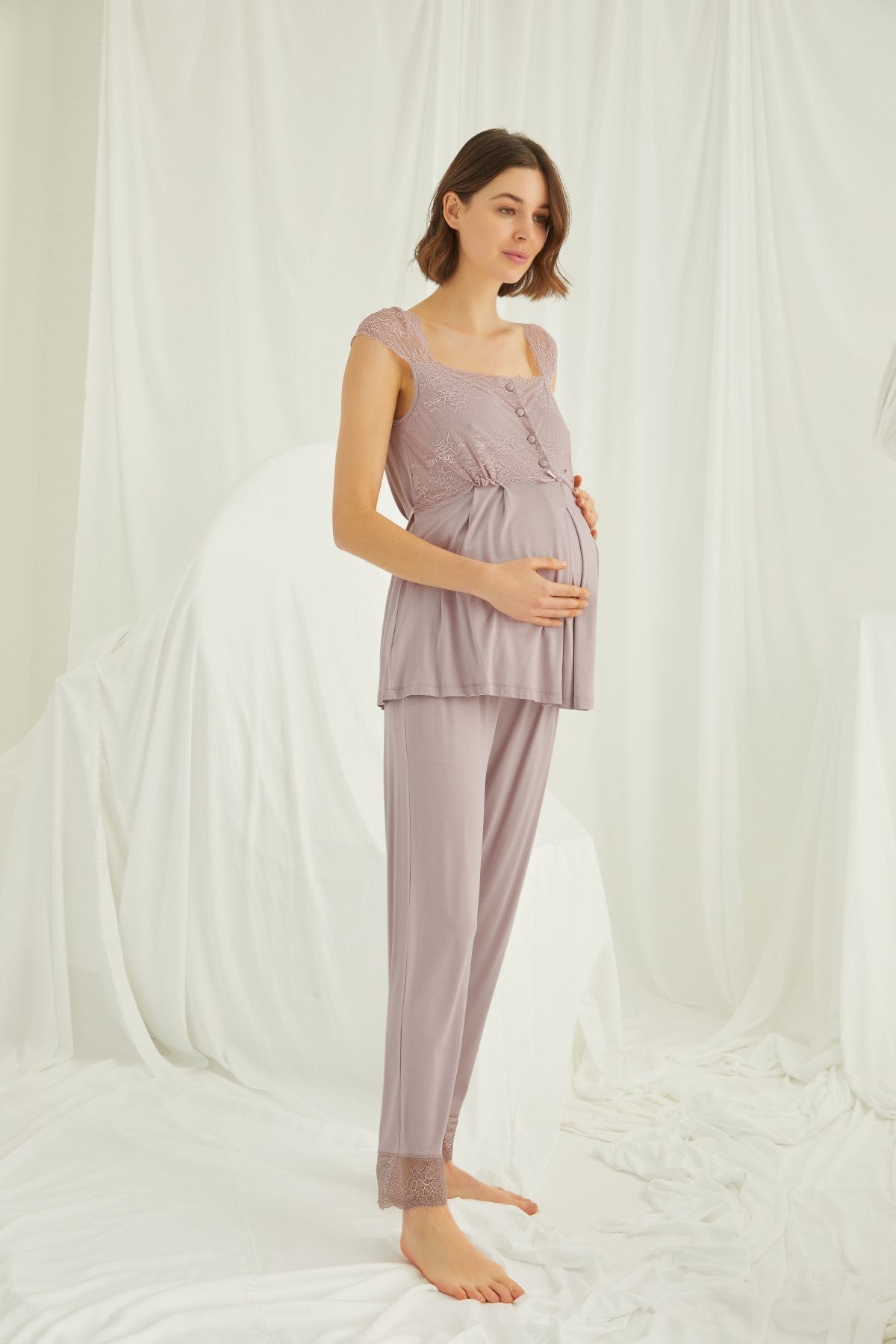 Organic 3-Piece Maternity & Nursing Pajama Set with Robe – Comfortable Pregnancy & Postpartum Nightwear