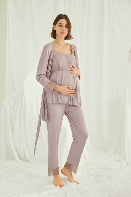 Organic 3-Piece Maternity & Nursing Pajama Set with Robe – Comfortable Pregnancy & Postpartum Nightwear