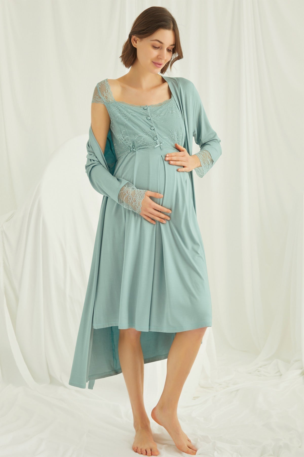Lace Maternity & Nursing Nightgown with Robe Set – Comfortable Breastfeeding & Postpartum Nightwear