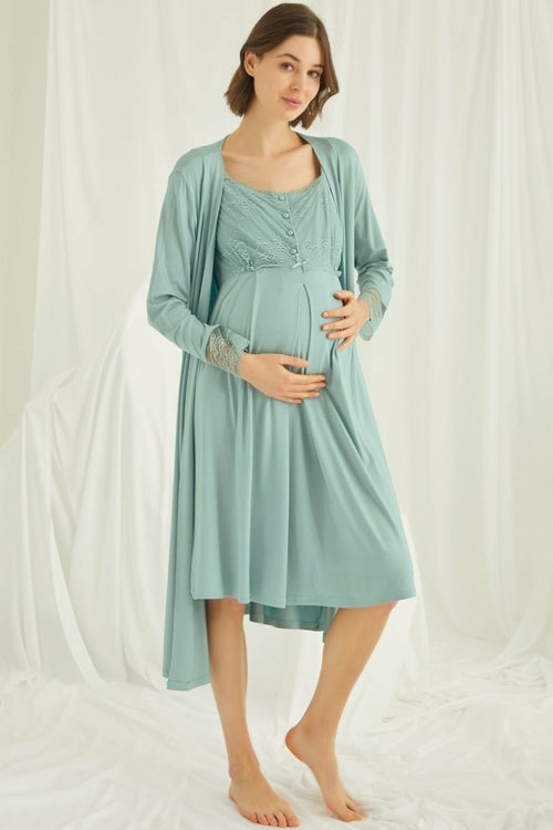 Lace Maternity & Nursing Nightgown with Robe Set – Comfortable Breastfeeding & Postpartum Nightwear