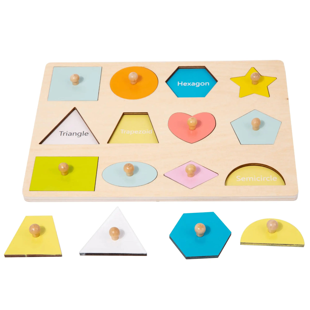 12-Piece Montessori Wooden Shape Peg Puzzles – Cognitive & Educational Toys for Toddlers and Babies, Colorful Knob Puzzles for Shape and Color Recognition
