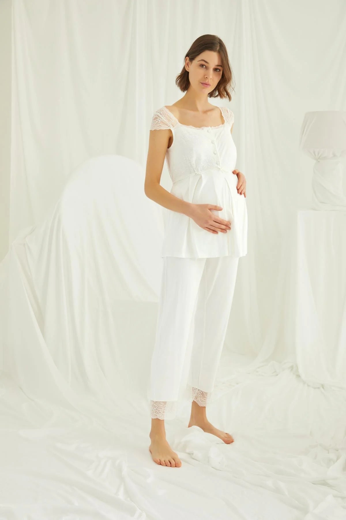 Lace Front Button Maternity & Nursing 3-Piece Pajama Set