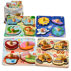 4-Pack Montessori Wooden Peg Puzzles for Toddlers 2-4 – Cognitive & Educational Learning Toys with Safari, Construction, Space & Dessert Themes