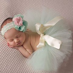 Newborn Puffy Skirt Set – Light Green Princess Outfit with Bow & Hairband for Baby Photoshoots