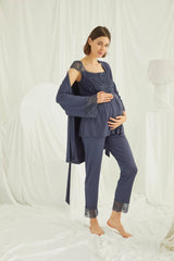 Lace Front Button Maternity & Nursing 3-Piece Pajama Set