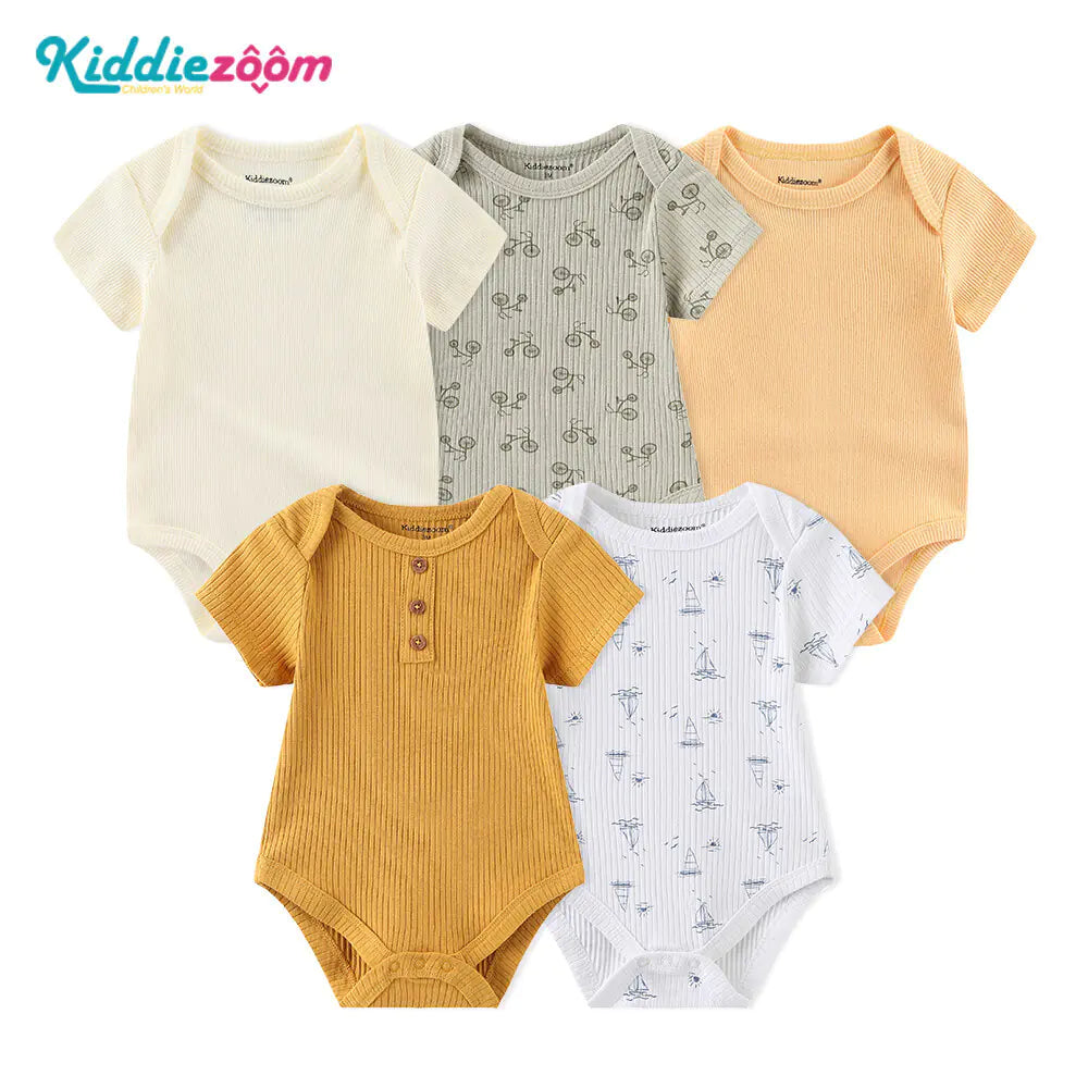 5-Piece Cotton Baby Romper Set with Breathable Ribbed Design – Essential Newborn Clothes & Hospital Bag Outfit
