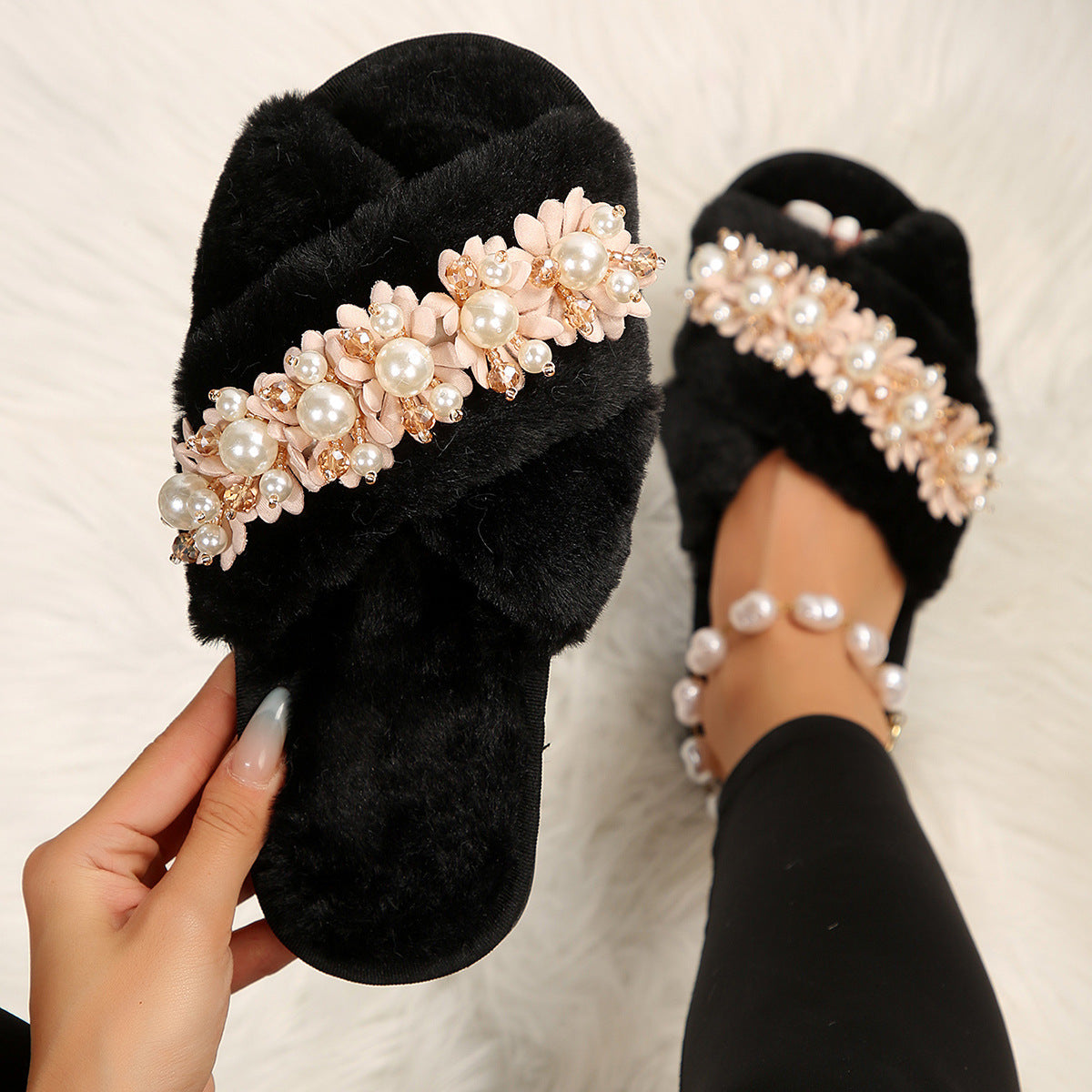 Fluffy Cross Fur Pearl Slippers with Floral Design – Cozy Plus Size Home & Hospital Bag Essential