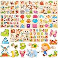 8-Pack Montessori Wooden Peg Puzzles for Kids – Brain-Boosting Educational Toys for Cognitive Development with Alphabet, Numbers, Animals & Vehicles for Toddlers 6+