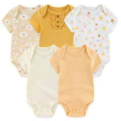 5-Piece Cotton Baby Romper Set with Breathable Ribbed Design – Essential Newborn Clothes & Hospital Bag Outfit
