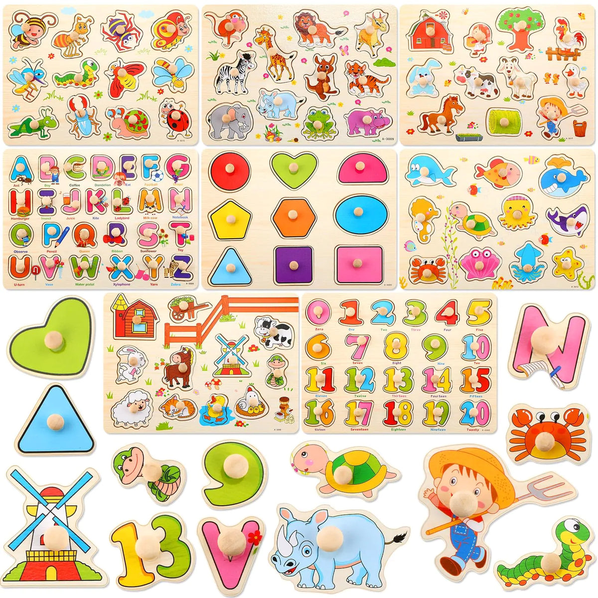 8-Pack Montessori Wooden Peg Puzzles for Kids – Brain-Boosting Educational Toys for Cognitive Development with Alphabet, Numbers, Animals & Vehicles for Toddlers 6+