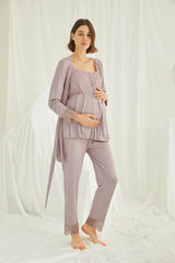 Lace Front Button Maternity & Nursing 3-Piece Pajama Set