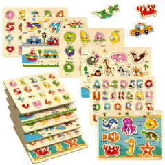 6-Pack Montessori Wooden Peg Puzzles for Toddlers 1-4 – Cognitive & Educational Learning Toys with Alphabet, Numbers, Animals, Vehicles & Shapes