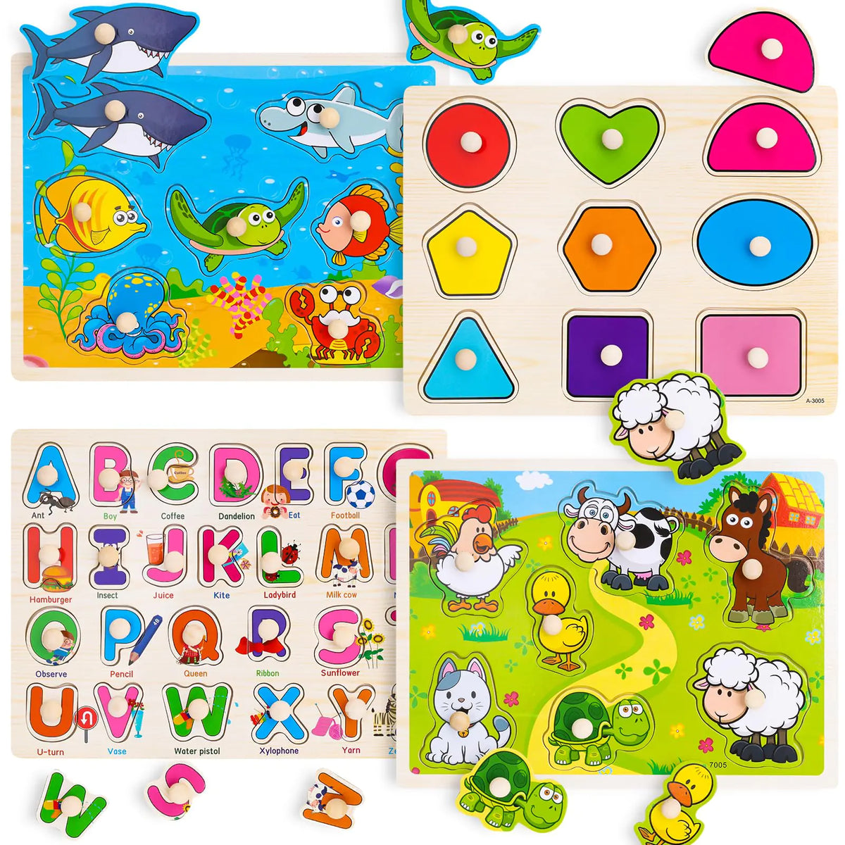 Wooden Peg Puzzles for Toddlers – 4-Pack Montessori Learning Toys with Alphabet, Shapes, and Animals for Ages 1-4