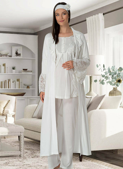 3-Piece Maternity &amp; Nursing Pajama Set with Morning Gown – Comfortable Breastfeeding &amp; Postpartum Nightwear