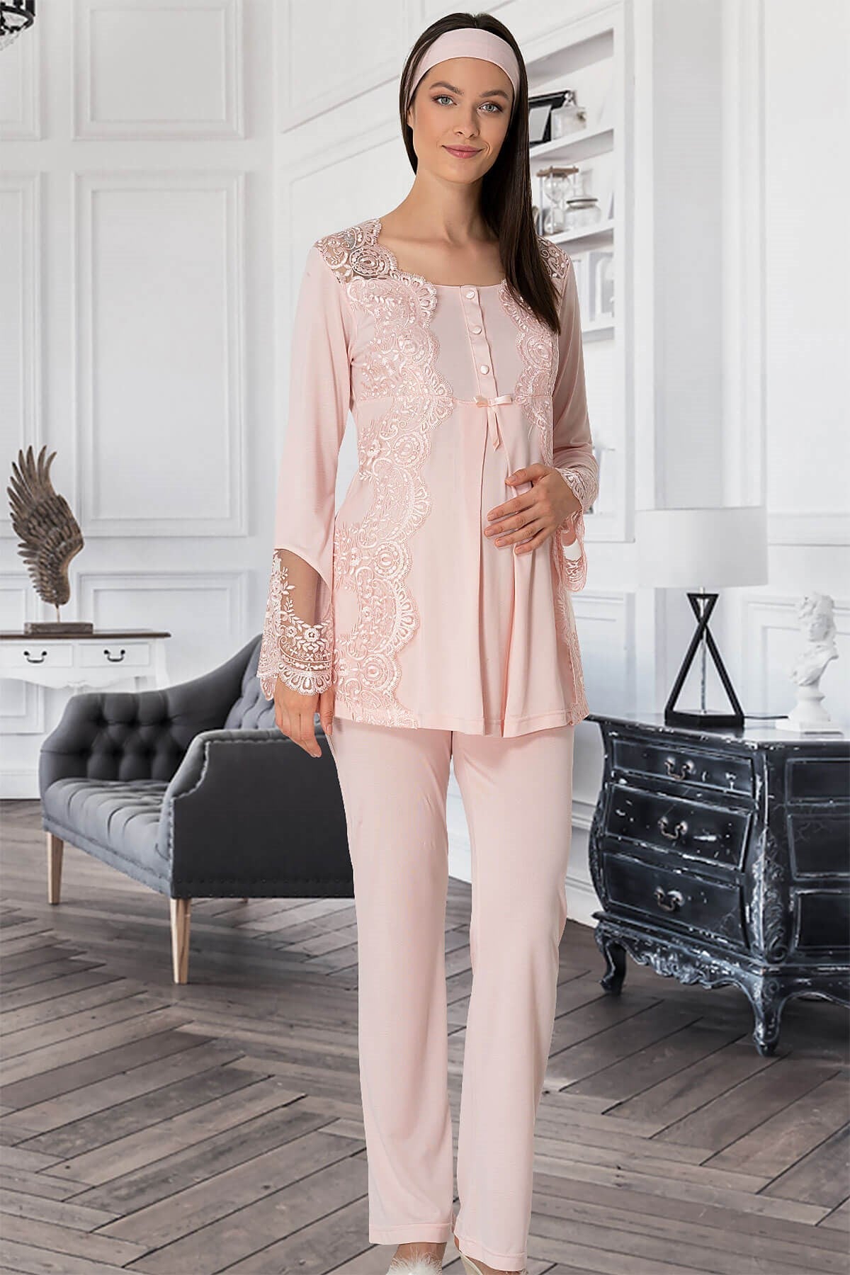 3-Piece Maternity &amp; Nursing Pajama Set with Morning Gown – Comfortable Breastfeeding &amp; Postpartum Nightwear